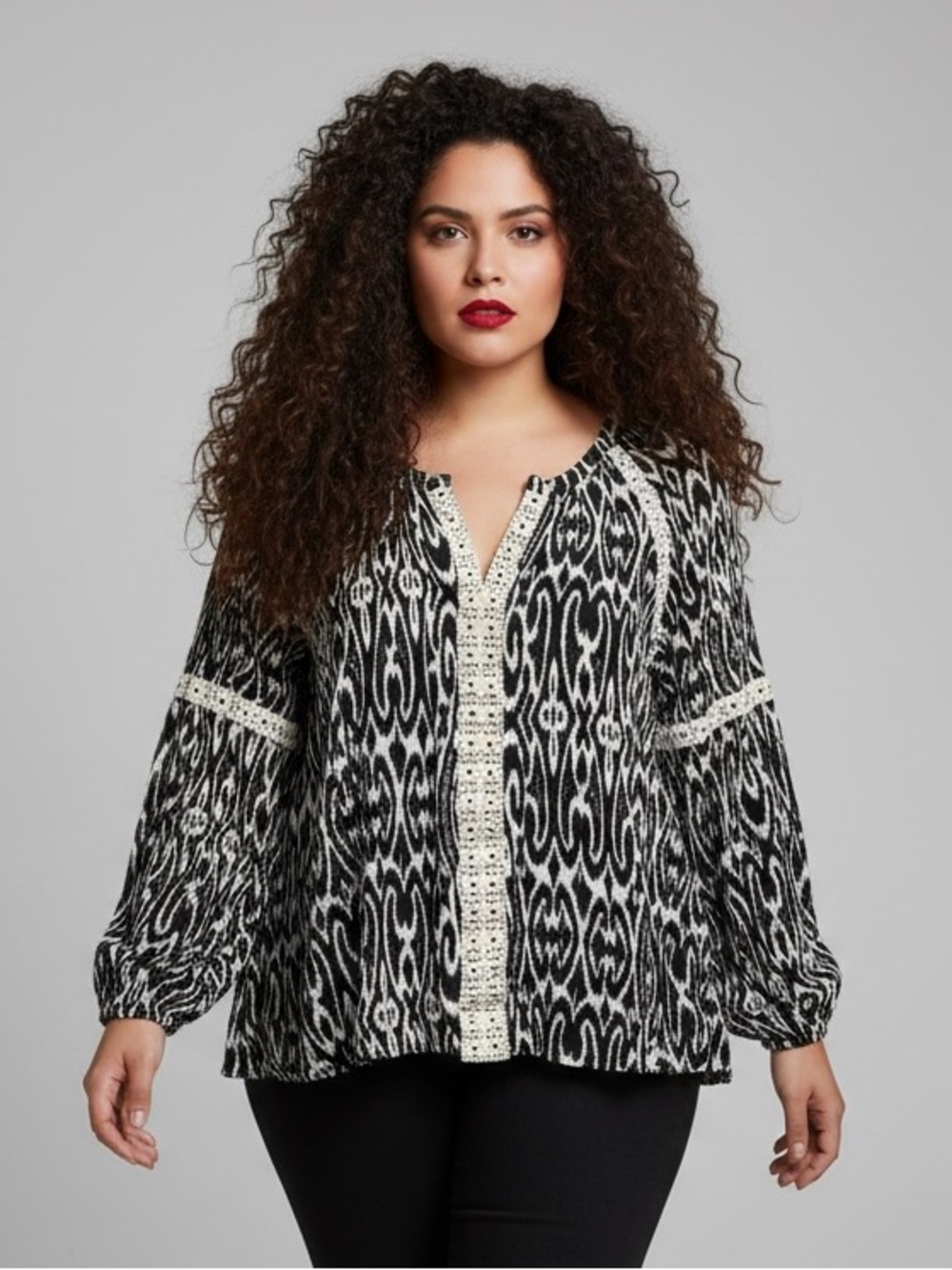 INC International Concepts | Boho Ikat Print Blouse Grommet Trim Size 1X